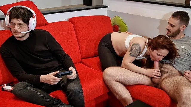 Stepsister Fucks with Best Friend while Stepbrother Plays Videogames - Squirt