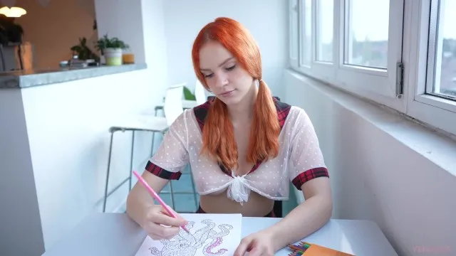 Schoolgirl Draws a Coloring Book and Spreads Her Legs when a Guy Comes for Cr